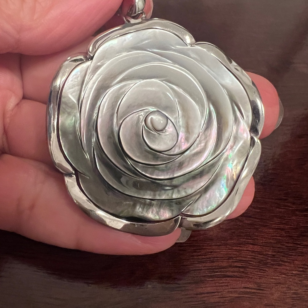 SX sterling Silver mother of pearl Rose flower Pendant / enhancer